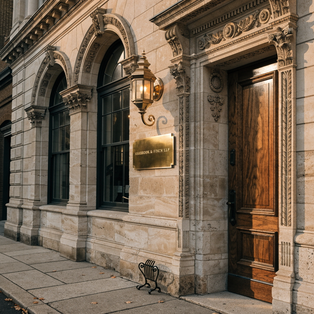 Ashbrook & Finch LLP brass plaque on a limestone office facade