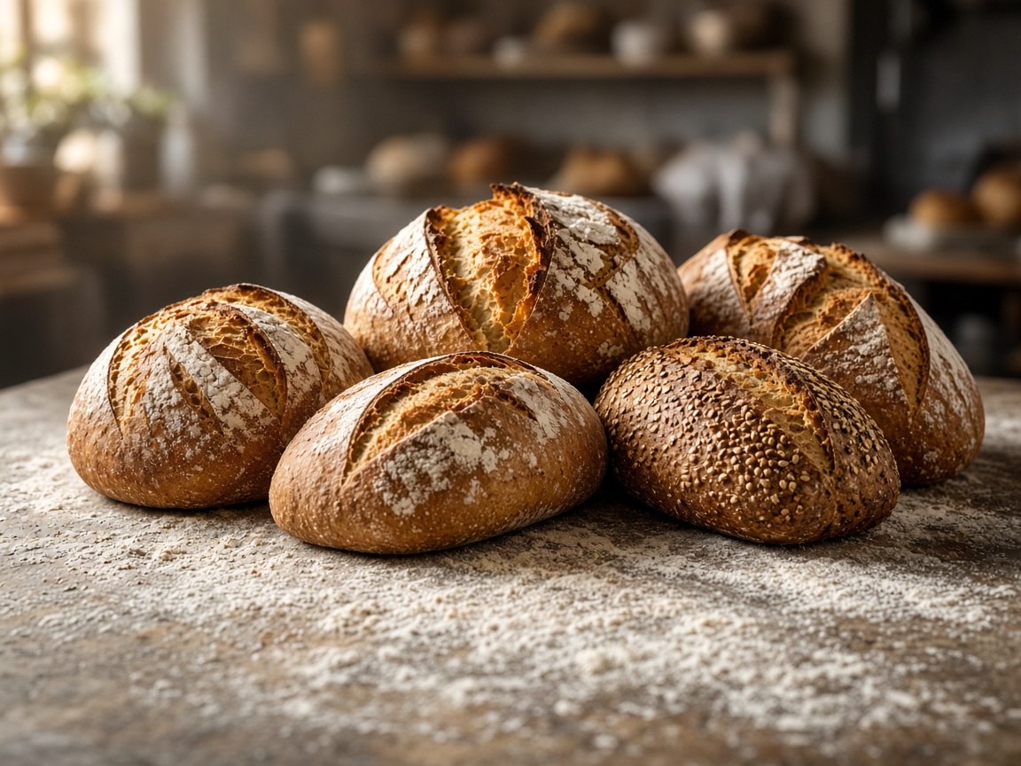 Fresh bread loaves in a bakery
