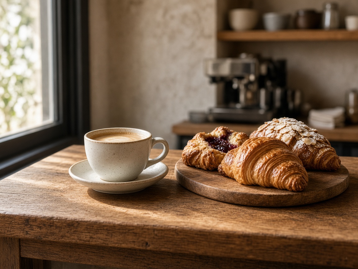 Cafe counter with coffee and pastries