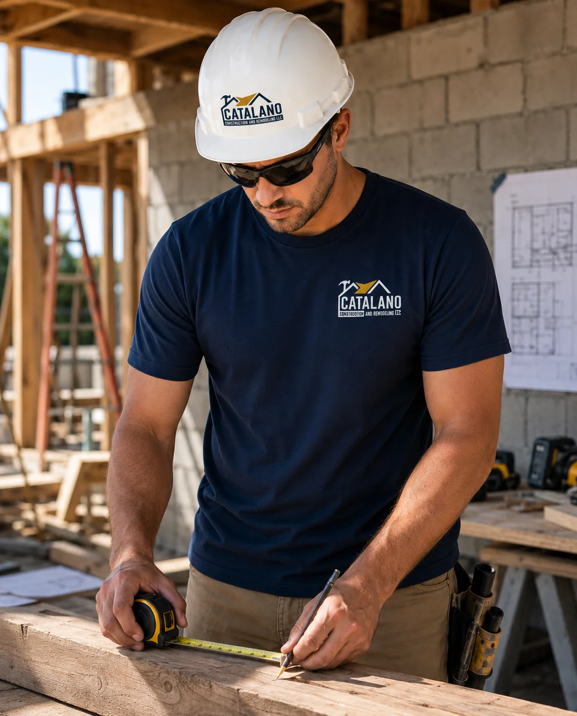 Branded workwear apparel design on tee and hard hat